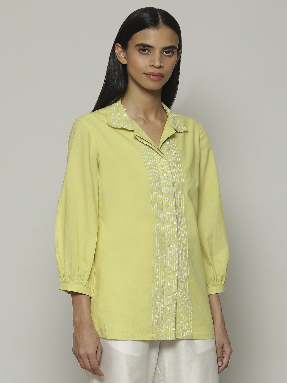 Mother Of Pearl Embroidered Cambric Shirt Lime