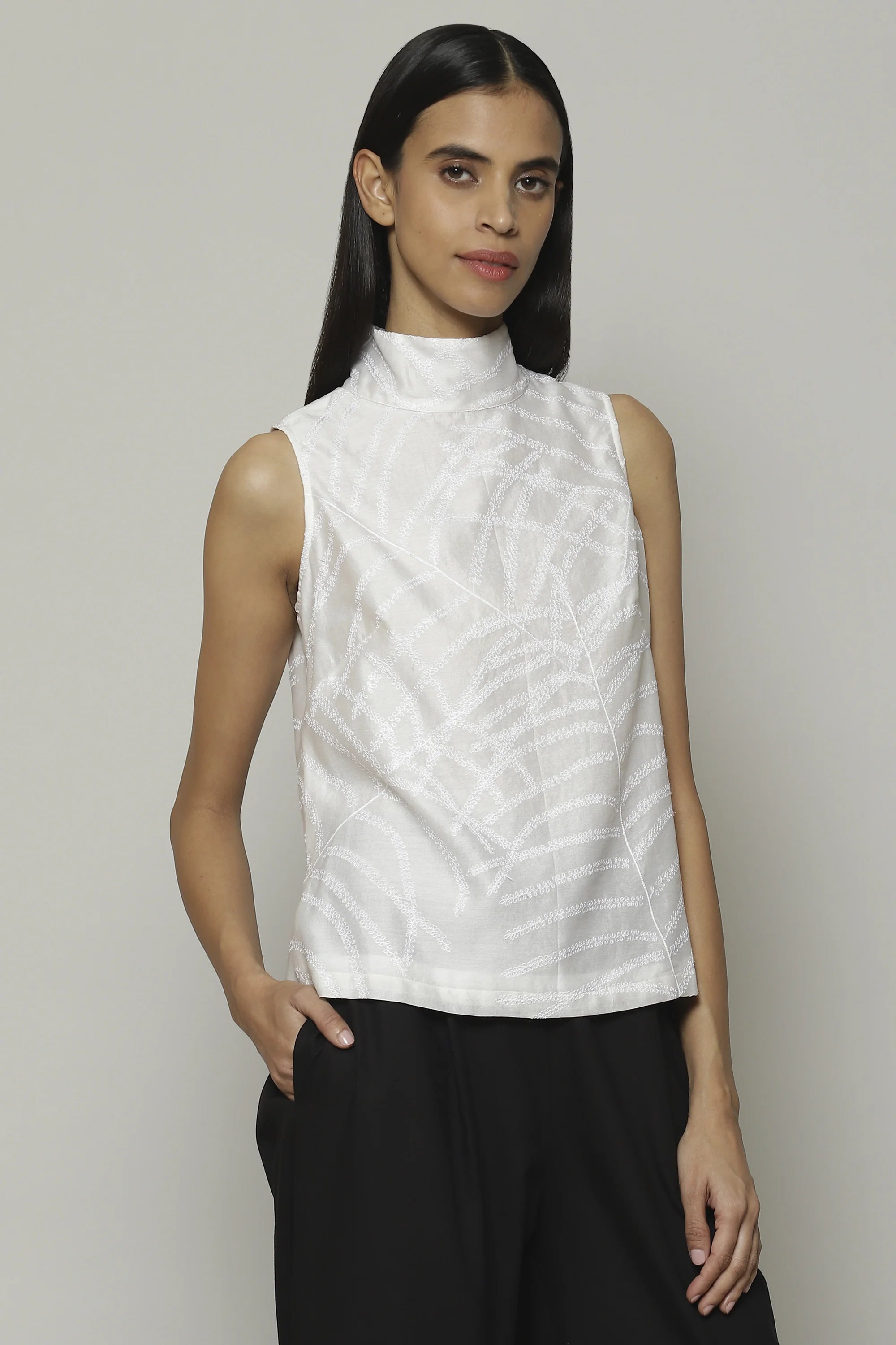 Fern Crewel Embroidered Silk X Cotton Top Ivory