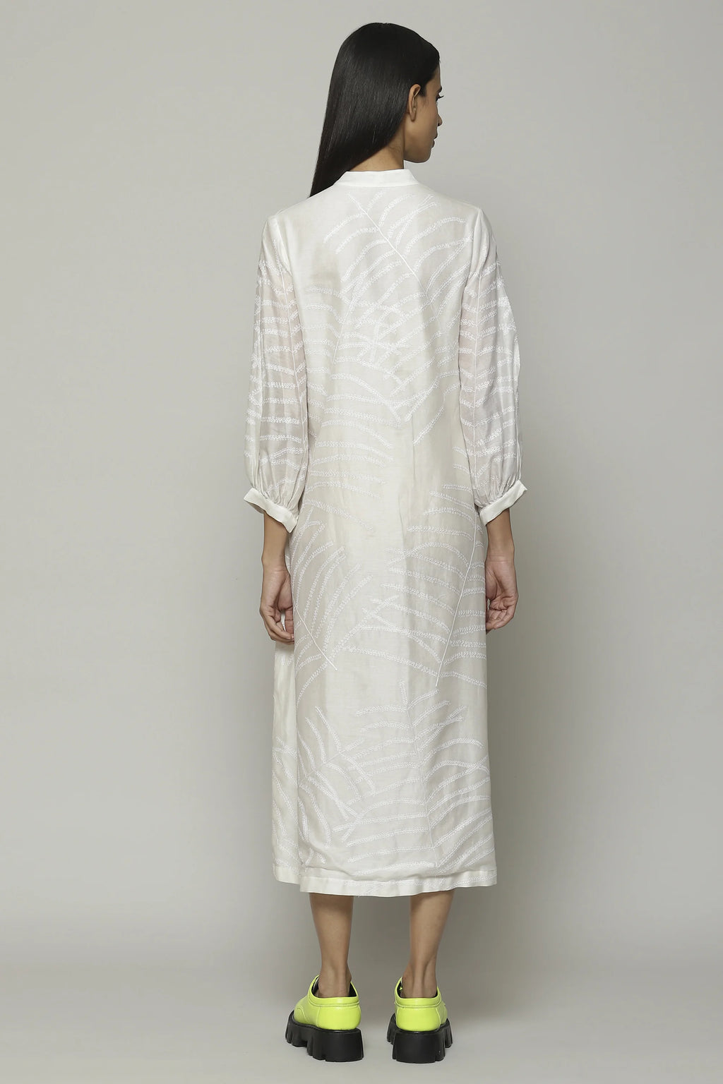Fern Crewel Embroidered Silk X Cotton Tunic Ivory