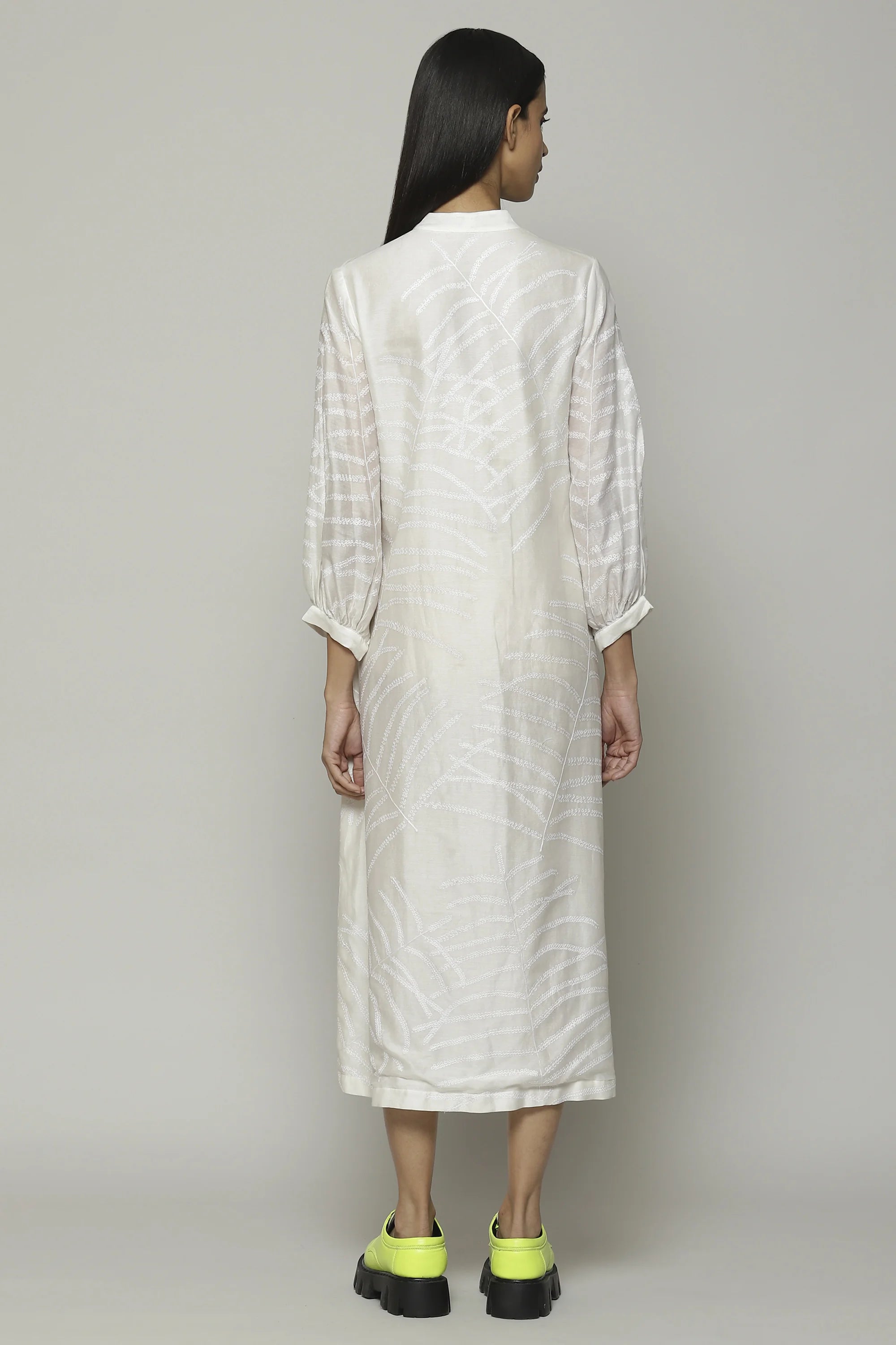 Fern Crewel Embroidered Silk X Cotton Tunic Ivory