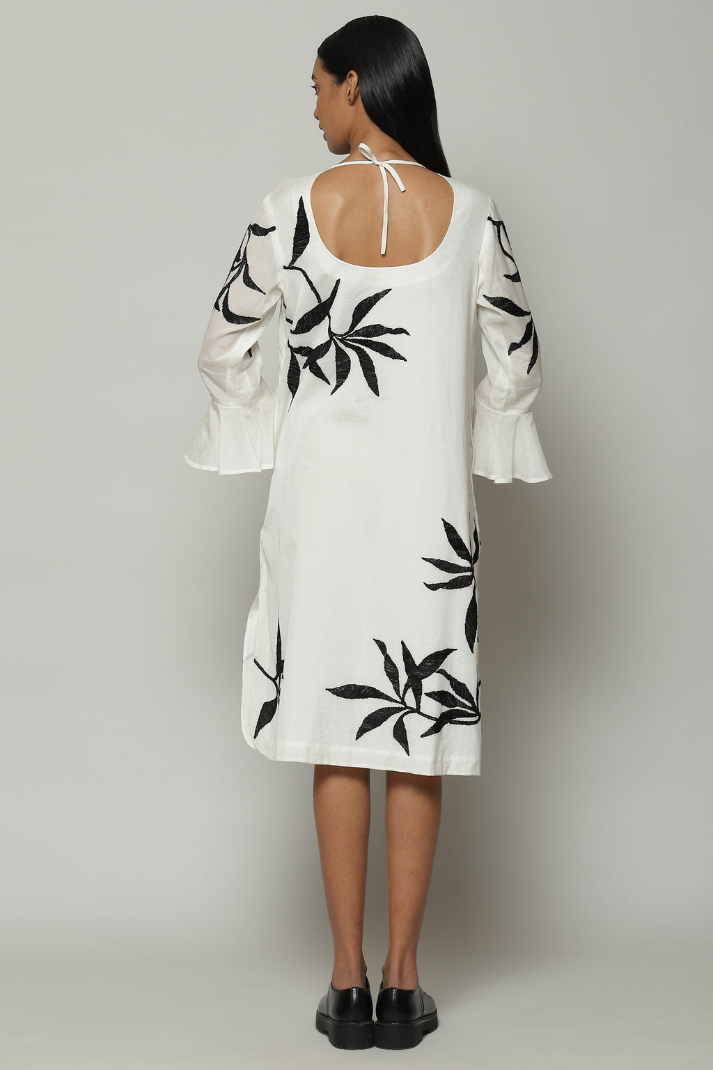 Leaf Crewel Embroidered Luxe Voile Dress Ivory