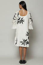 Leaf Crewel Embroidered Luxe Voile Dress Ivory