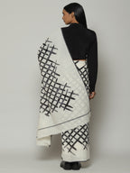 Lattice Printed Hand Woven Cotton Saree Black