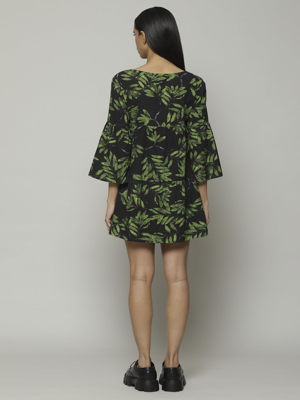 Leaf Print Handspun Handwoven Cotton Dress Black