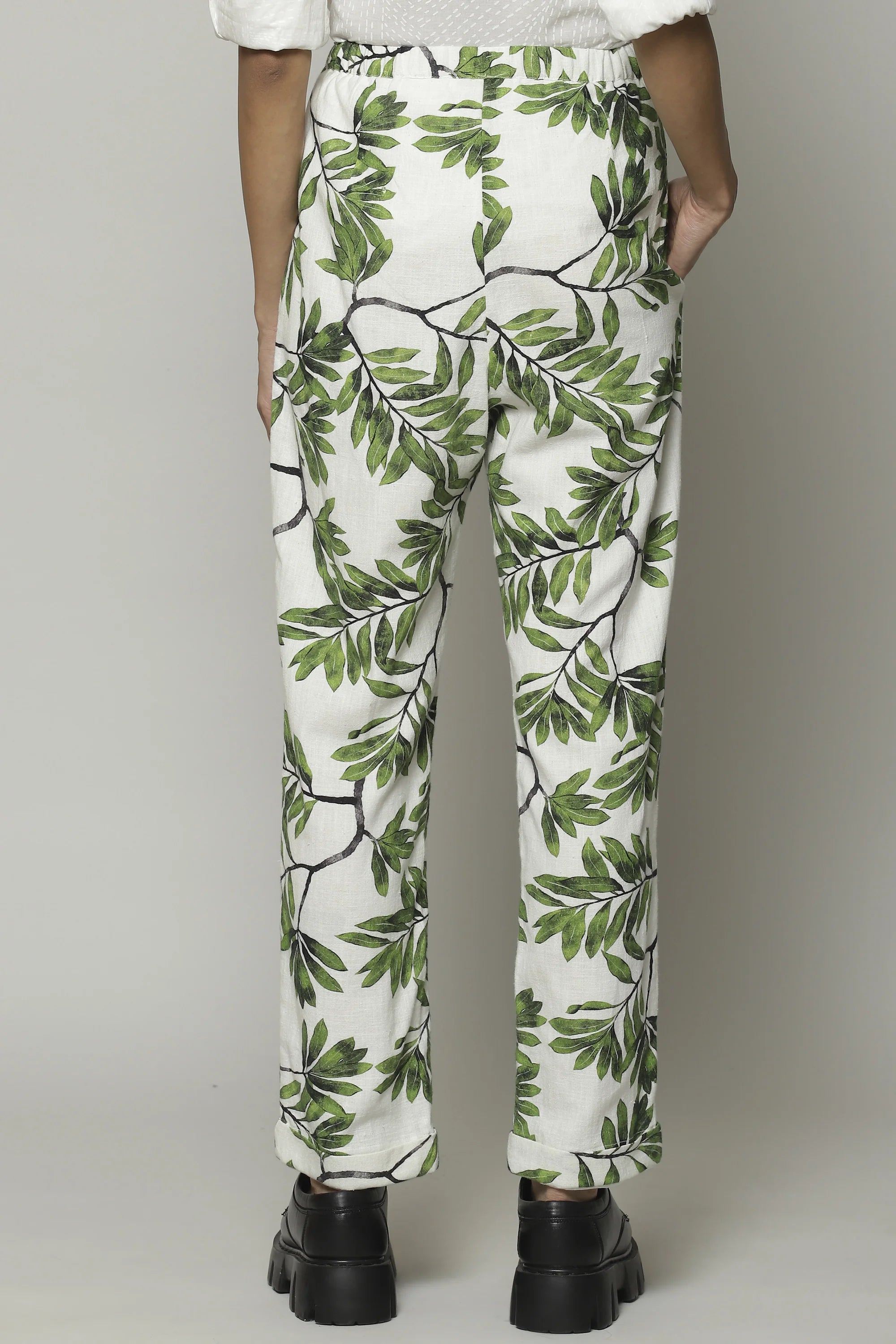 Leaf Print Handspun Handwoven Cotton Pant Ivory