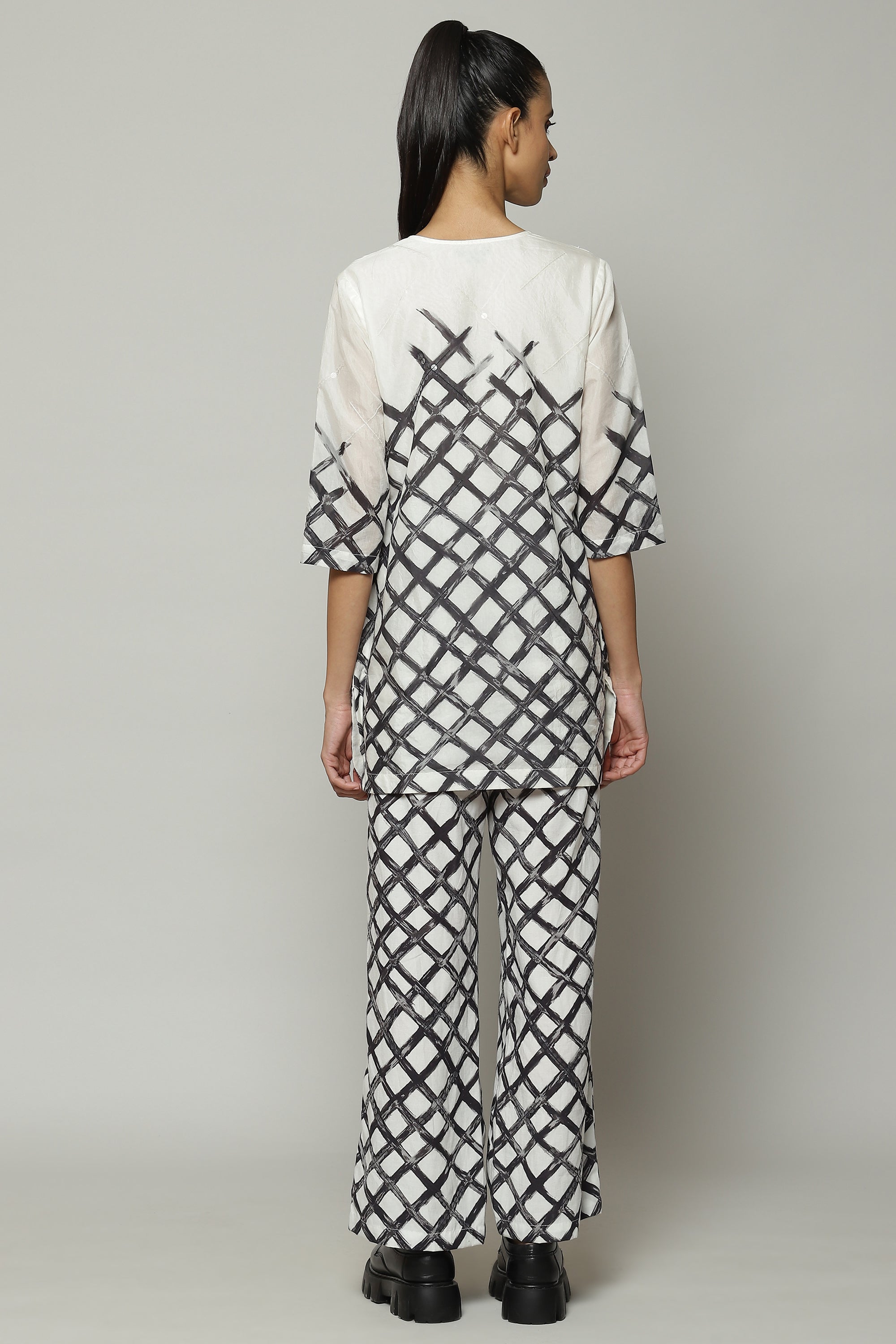 Lattice Printed Luxe Voile Tunic Ivory Black