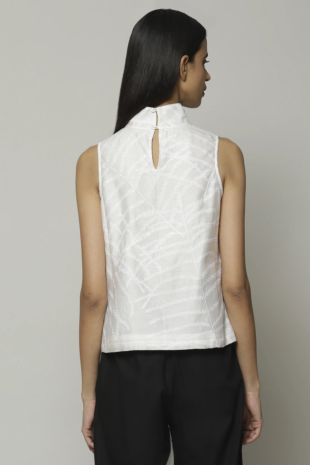 Fern Crewel Embroidered Silk X Cotton Top Ivory