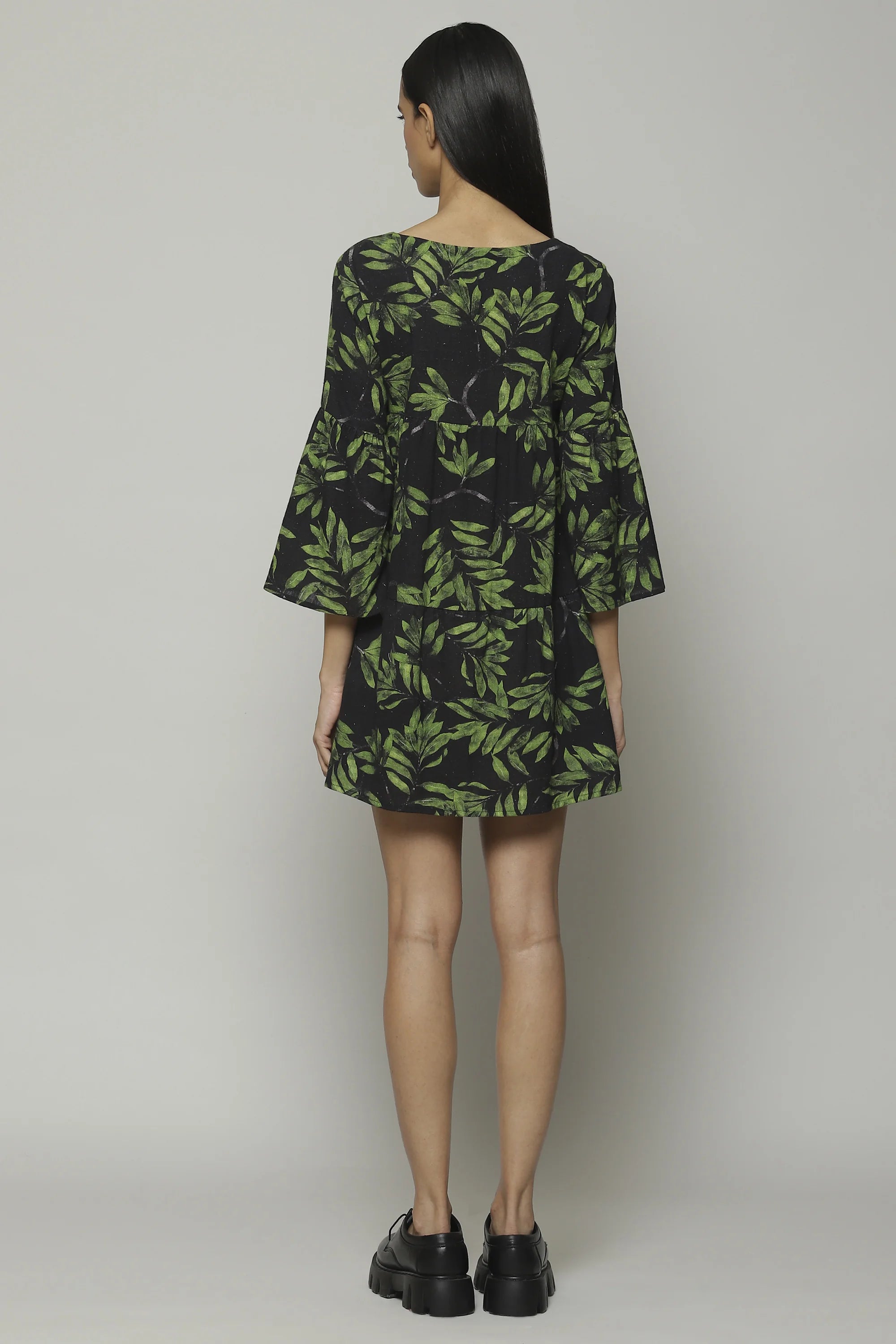 Leaf Print Handspun Handwoven Cotton Dress Black