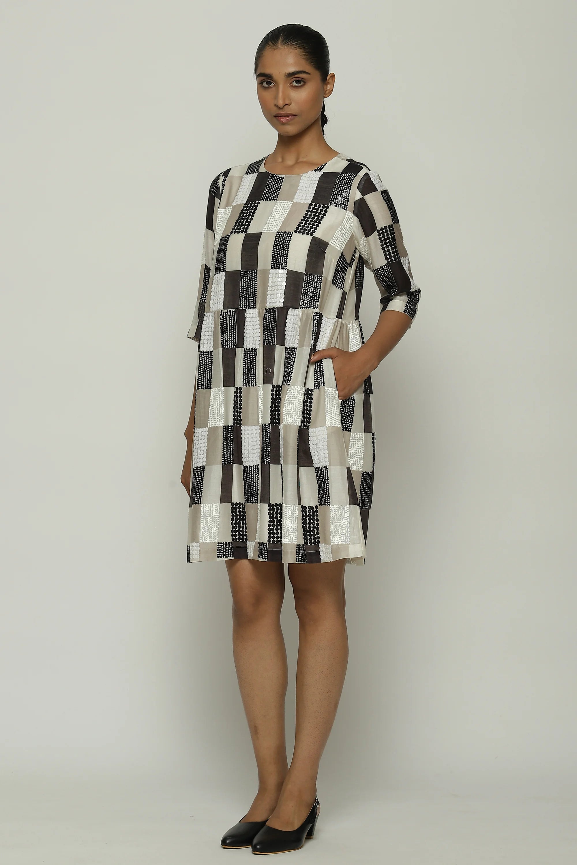 Print & Sequins Blocks (B/W) Dress