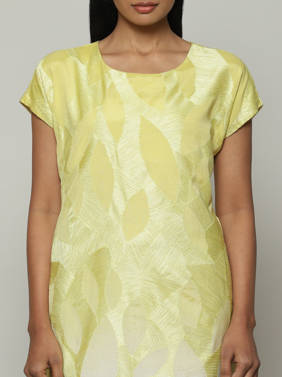 Fern Crewel Embroidered Silk X Cotton Dress Lime