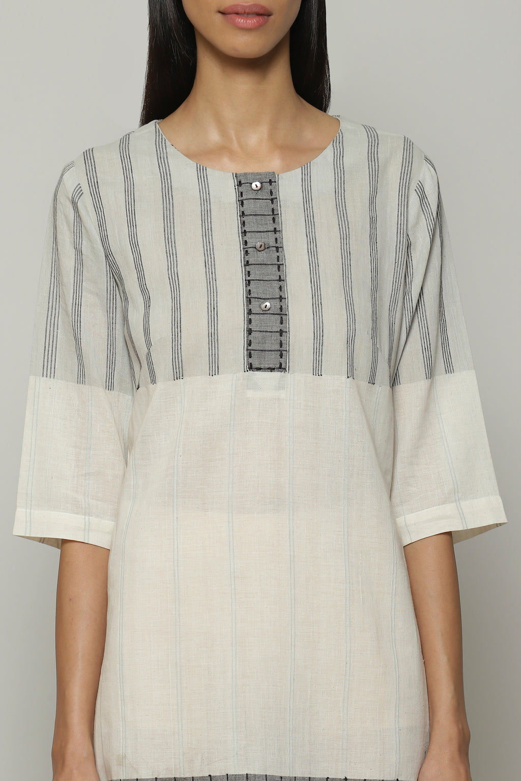 Turned Weft Handwoven Cotton Kurta Ivory-Grey