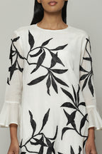 Leaf Crewel Embroidered Luxe Voile Dress Ivory