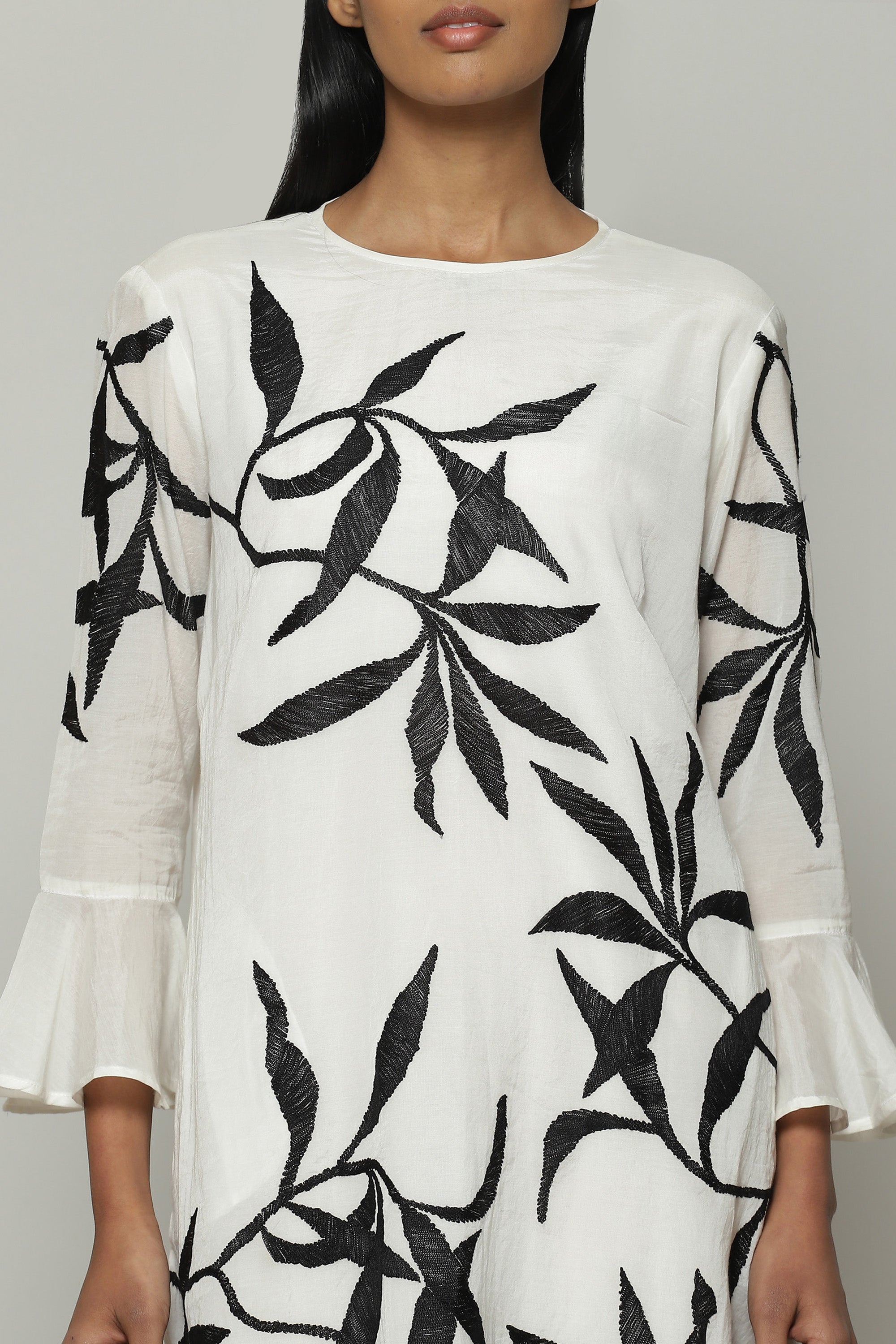 Leaf Crewel Embroidered Luxe Voile Dress Ivory