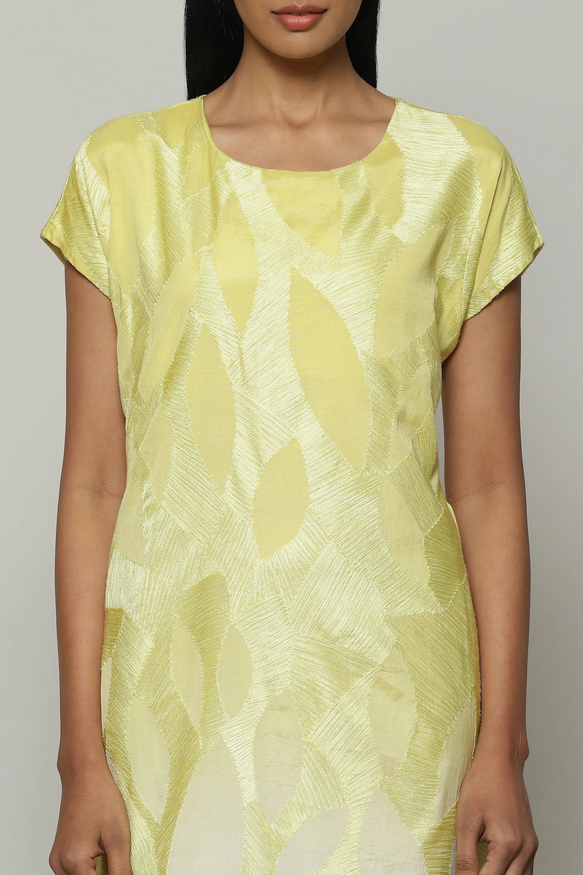 Ombre Crewel Embroidered Luxe Voile Dress Lime