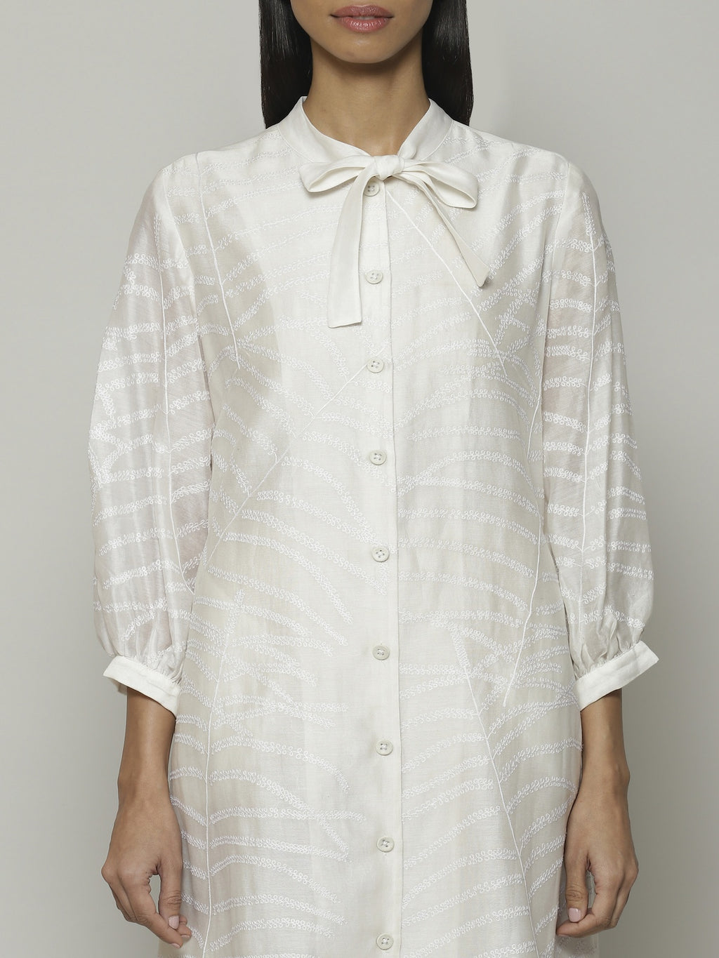 Fern Crewel Embroidered Silk X Cotton Tunic Ivory