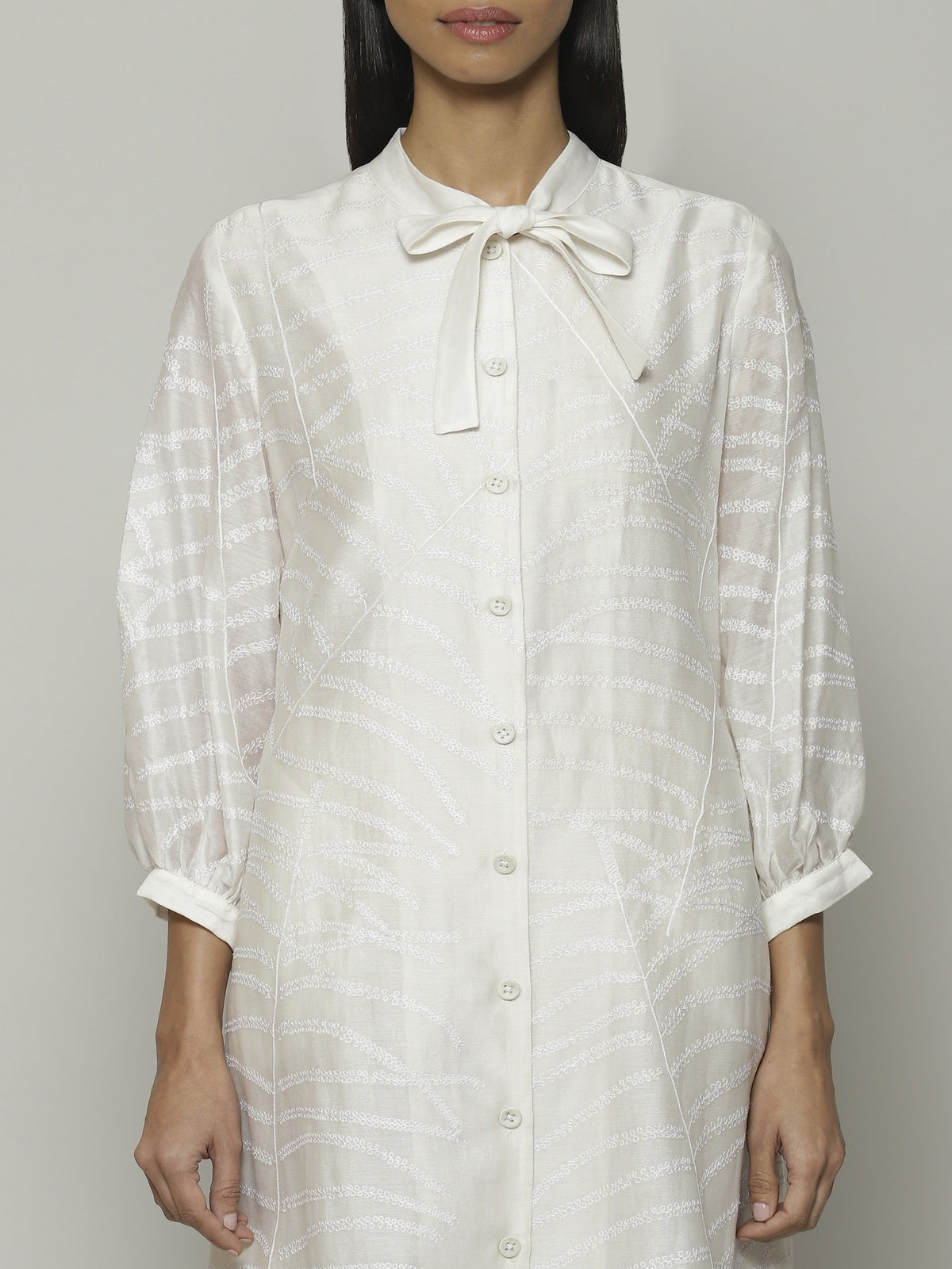 Fern Crewel Embroidered Silk X Cotton Tunic Ivory