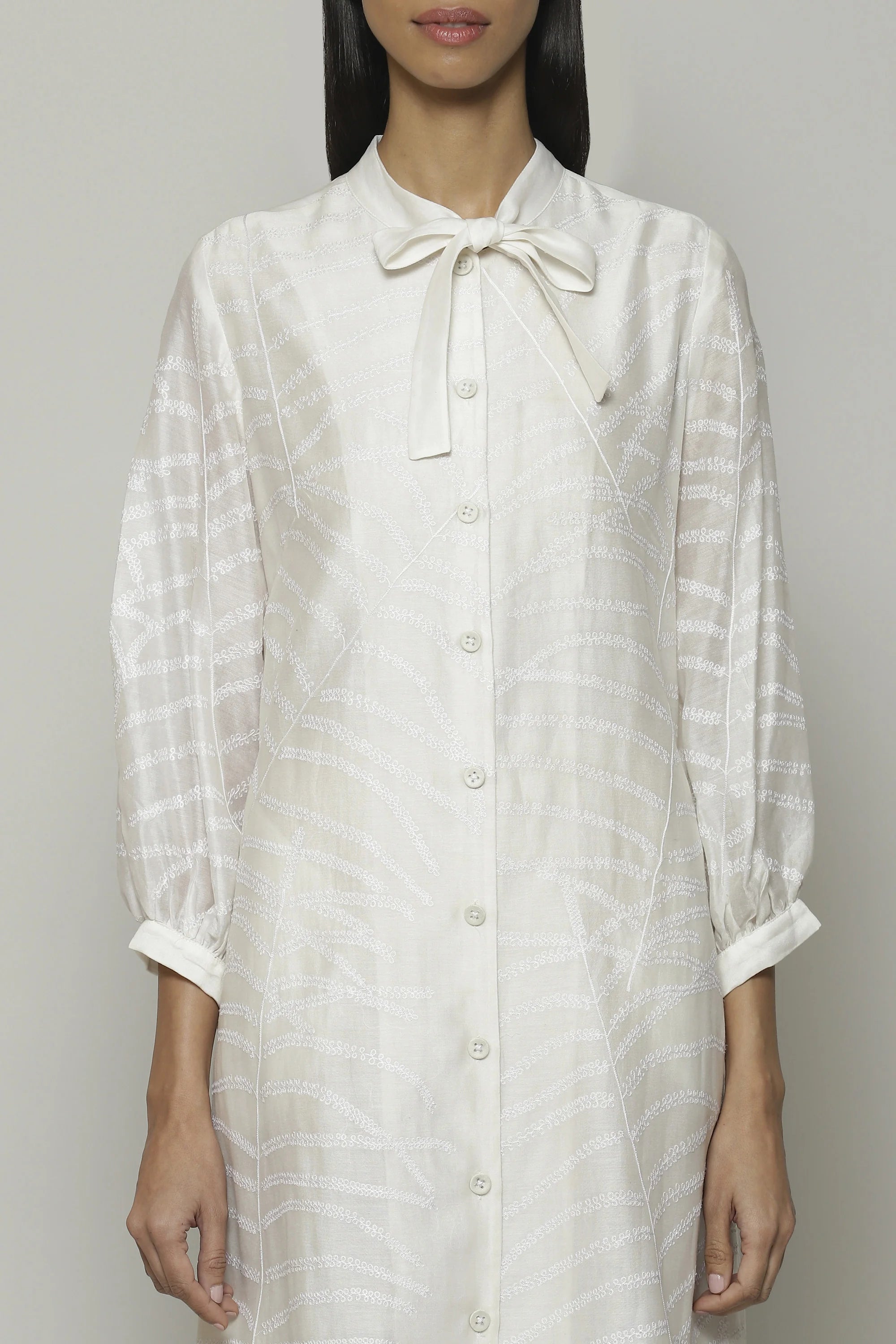Fern Crewel Embroidered Silk X Cotton Tunic Ivory