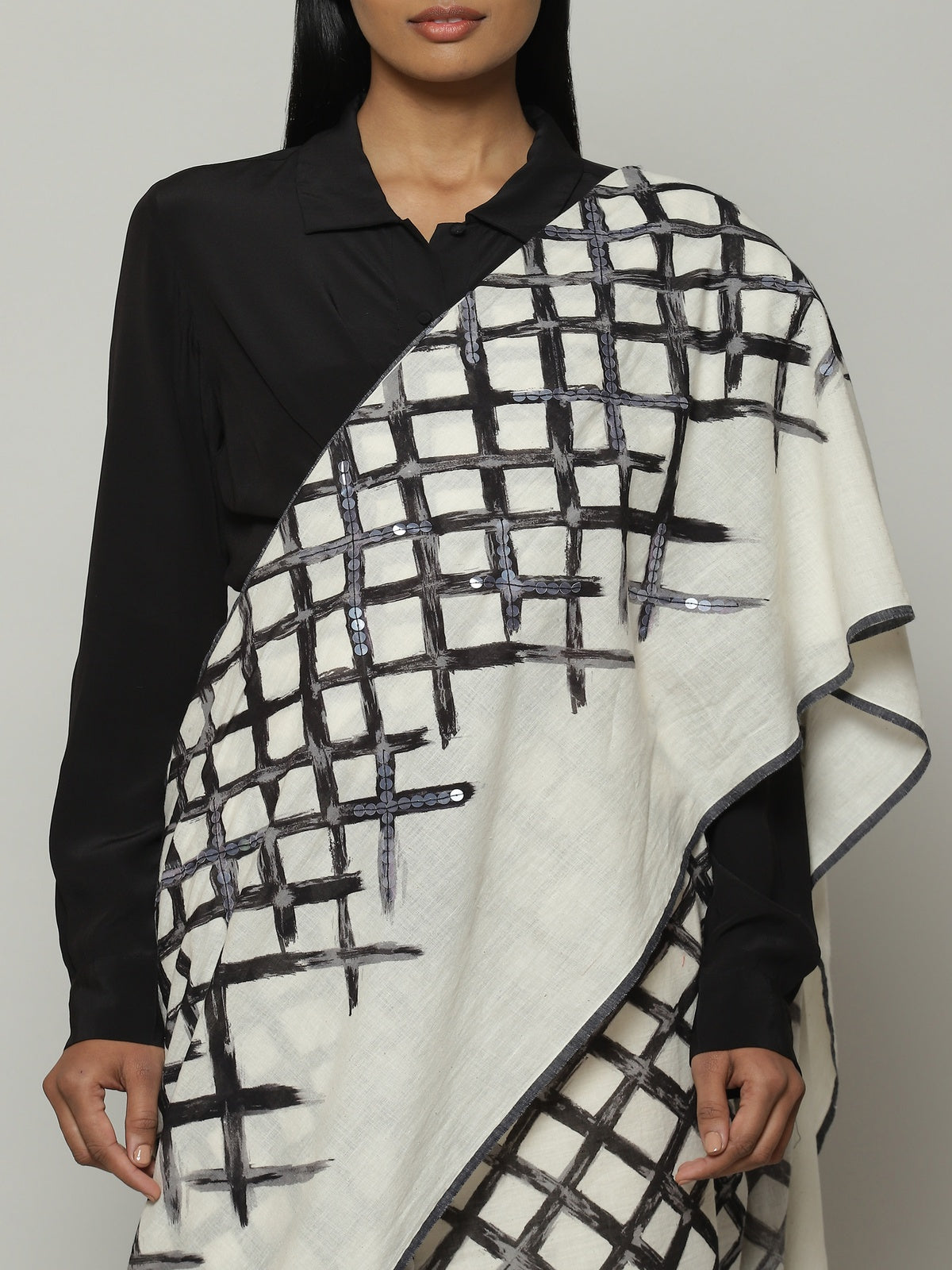 Lattice Printed Hand Woven Cotton Saree Black