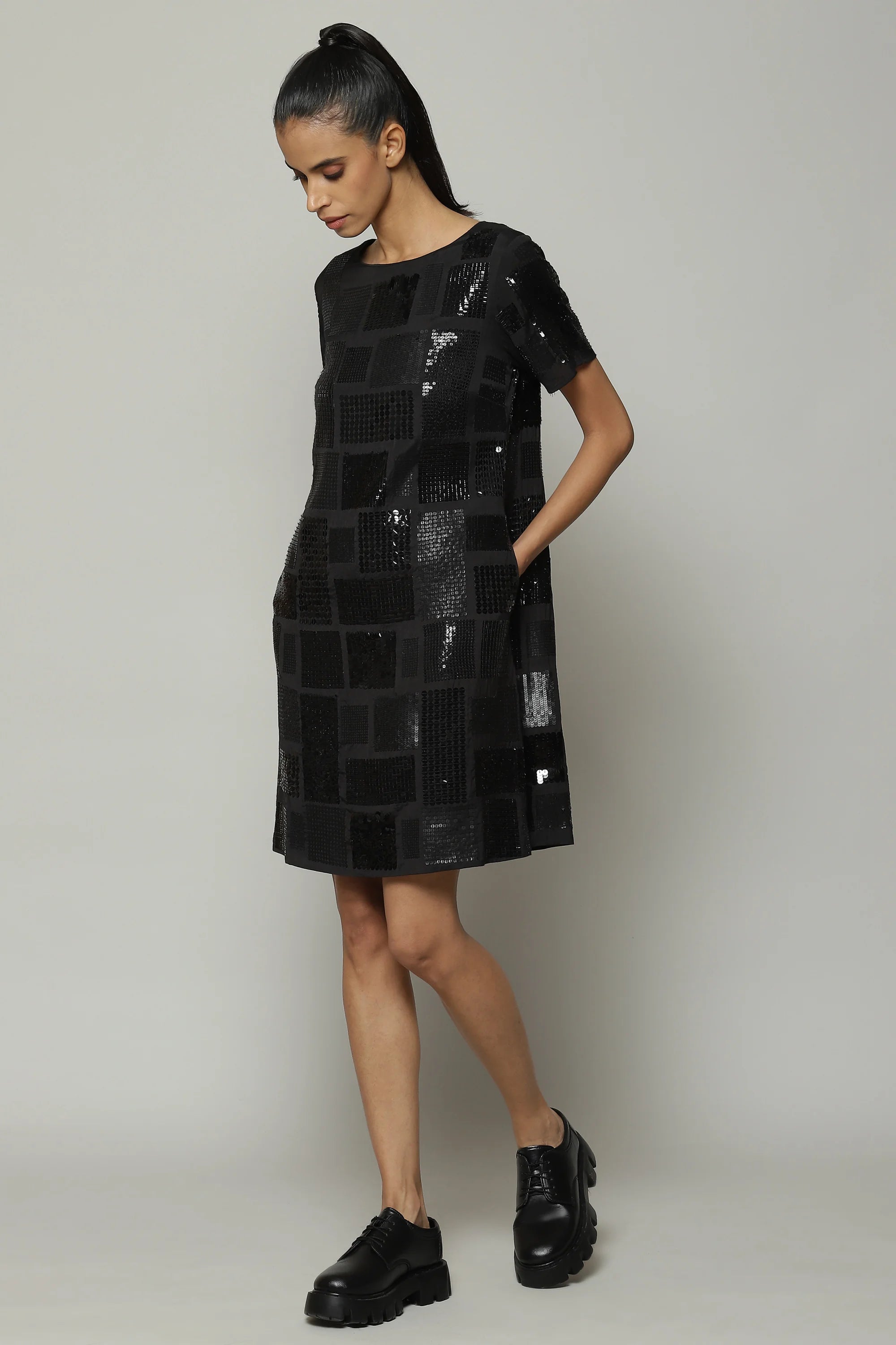 Square Sequin Luxe Voile Dress Black