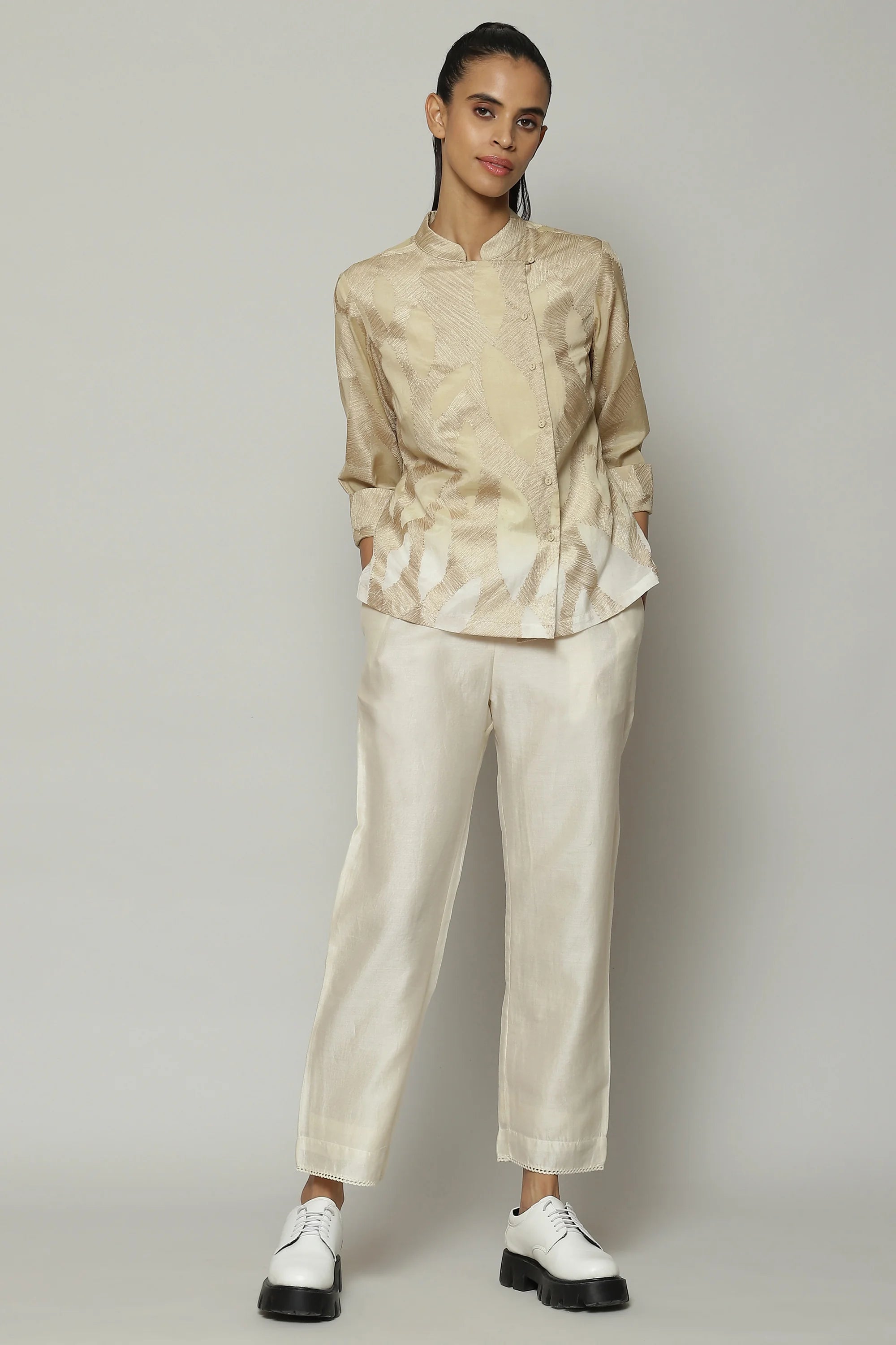 Ombre Crewel Embroidered Voile Shirt Parchment