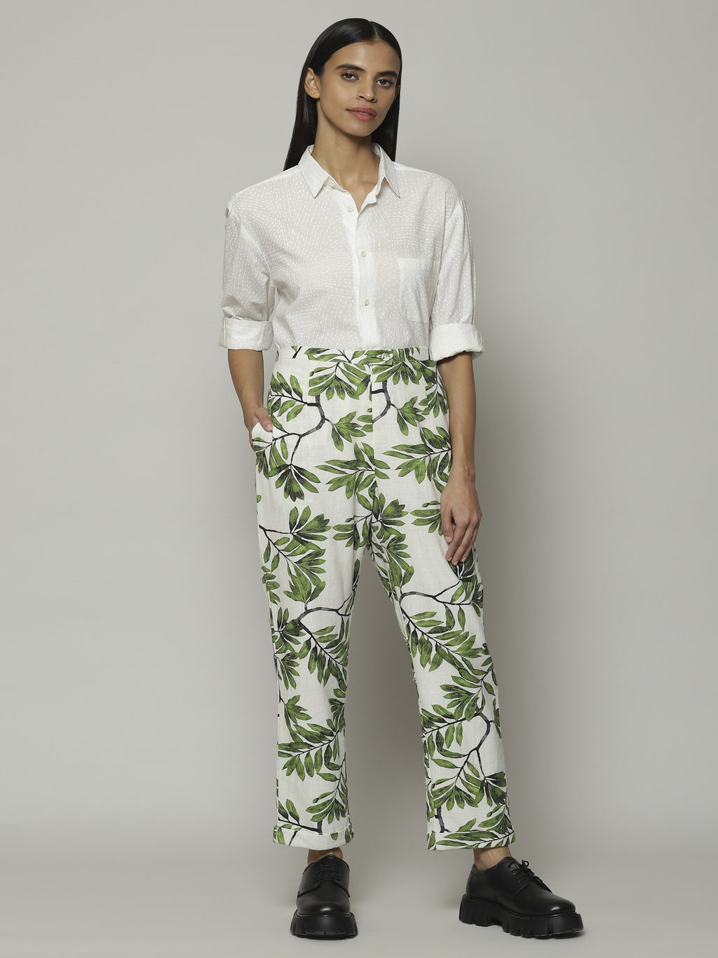 Leaf Print Handspun Handwoven Cotton Pant Ivory