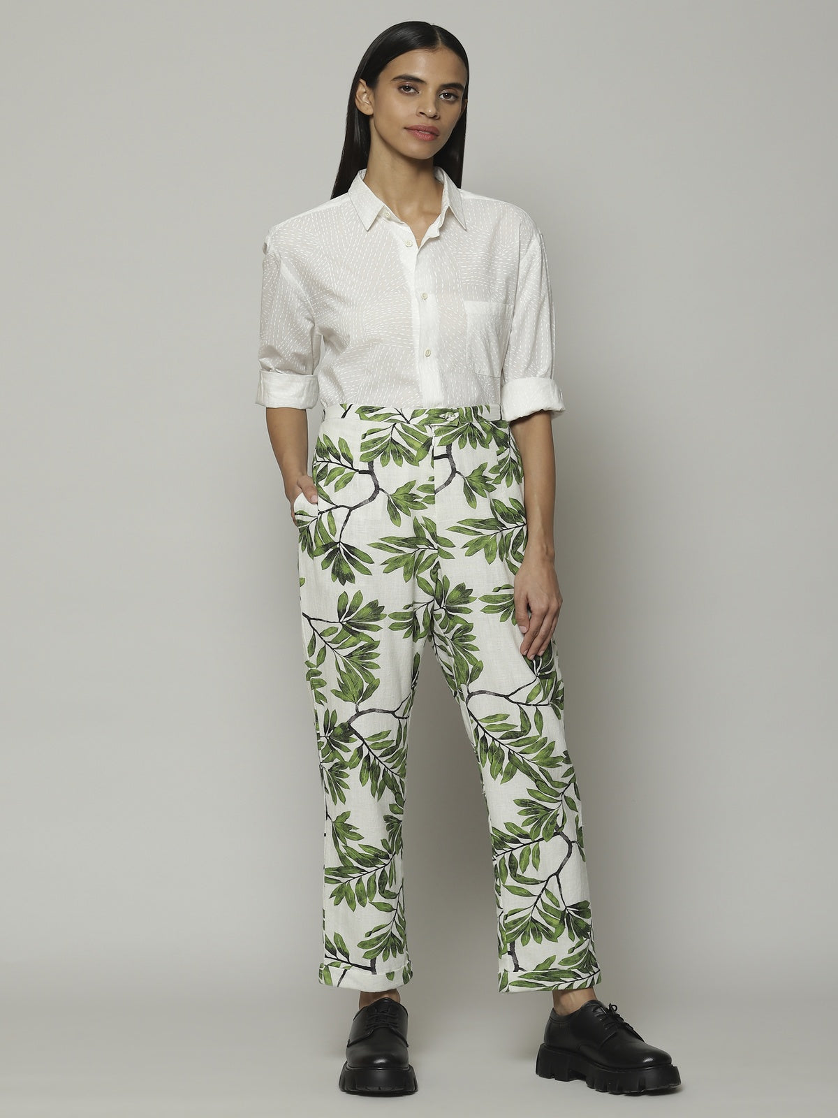 Leaf Print Handspun Handwoven Cotton Pant Ivory