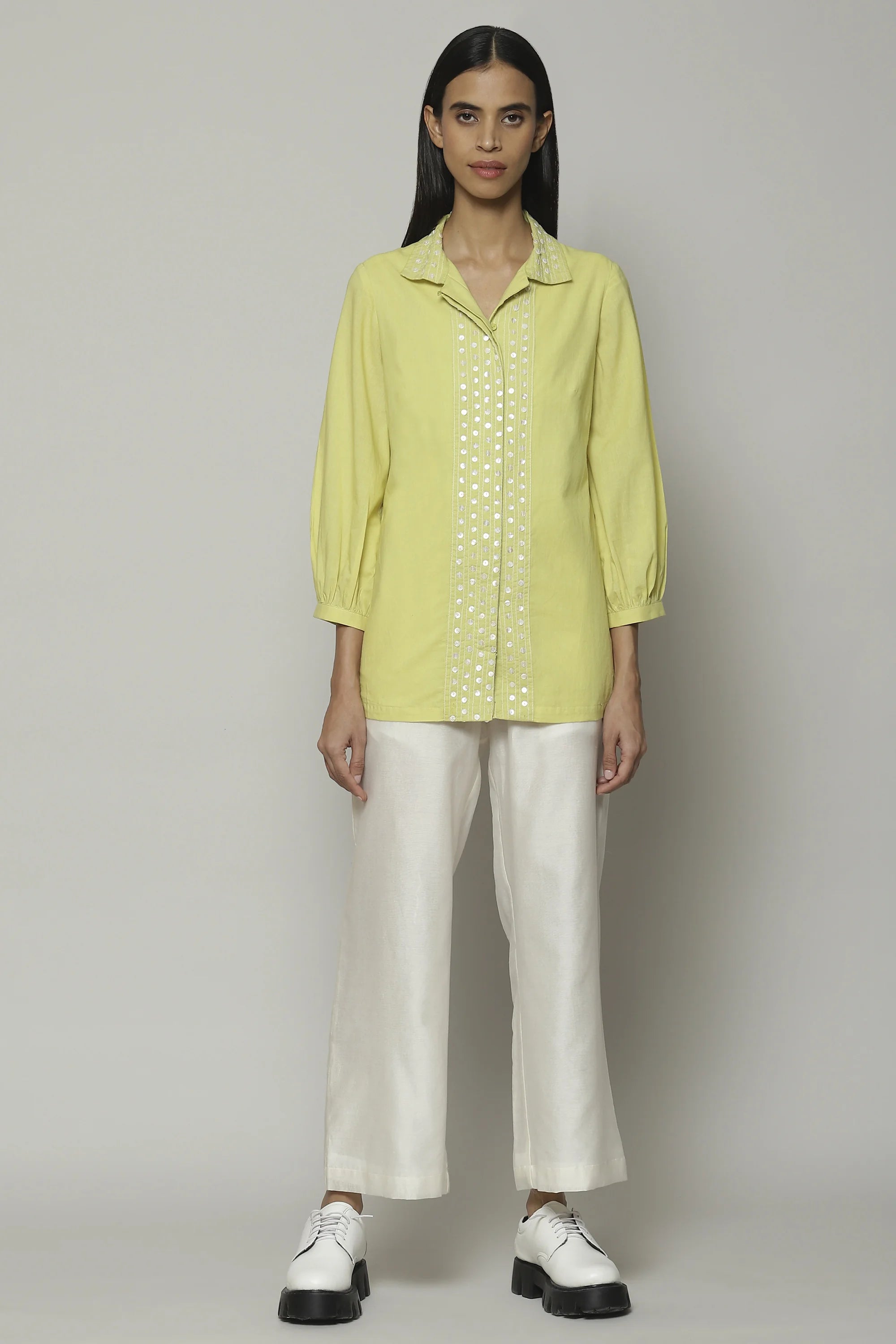 Mother Of Pearl Embroidered Cambric Shirt Lime