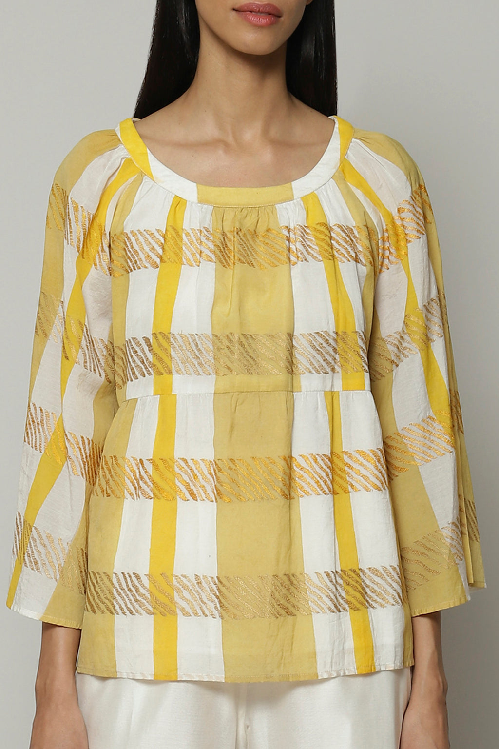 Block Printed Embroiered Luxe Voile Top Apricot