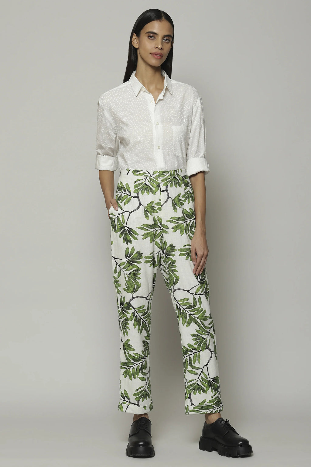 Leaf Print Handspun Handwoven Cotton Pant Ivory