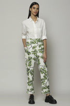 Leaf Print Handspun Handwoven Cotton Pant Ivory