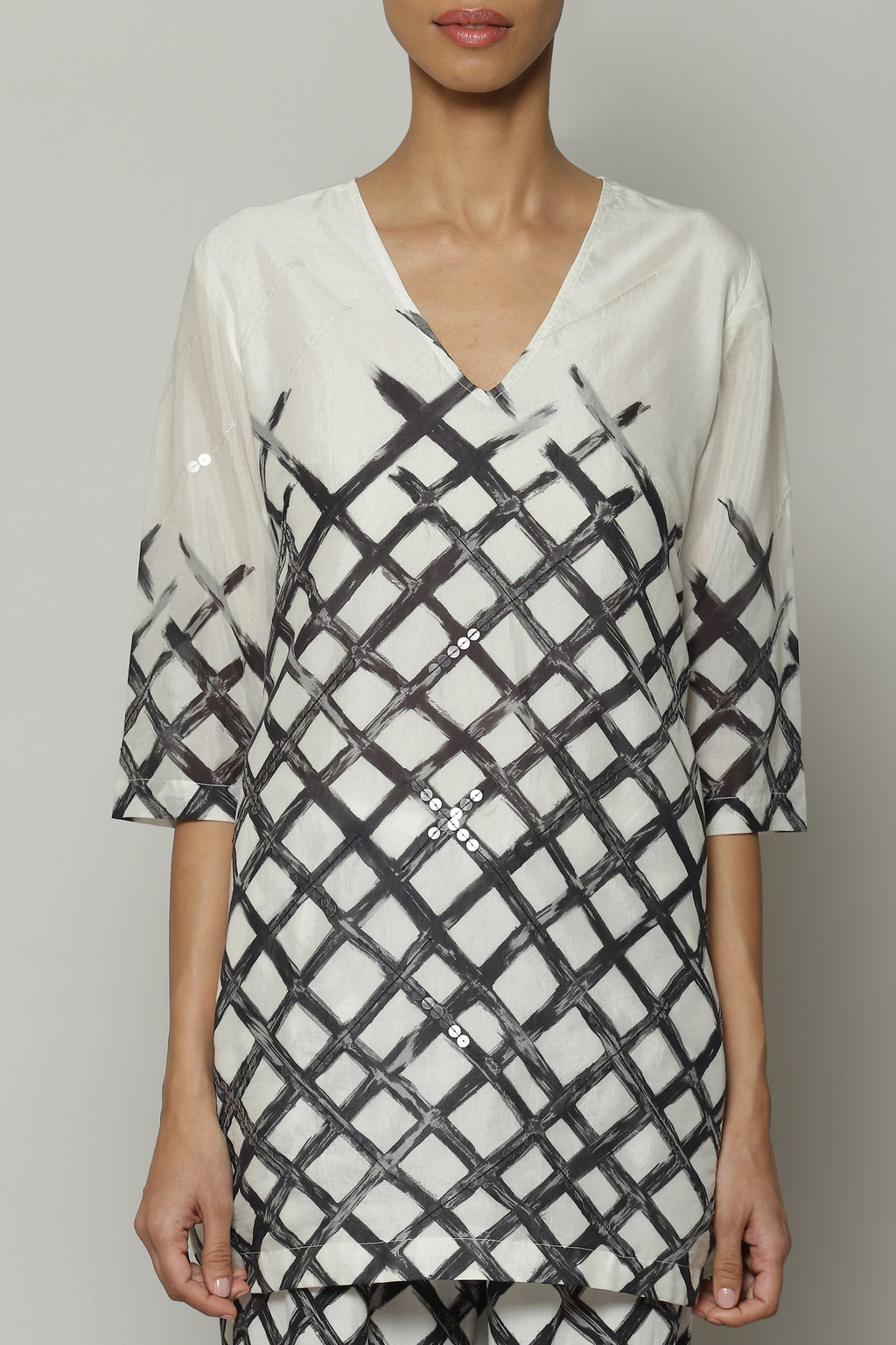 Lattice Printed Luxe Voile Tunic Ivory Black
