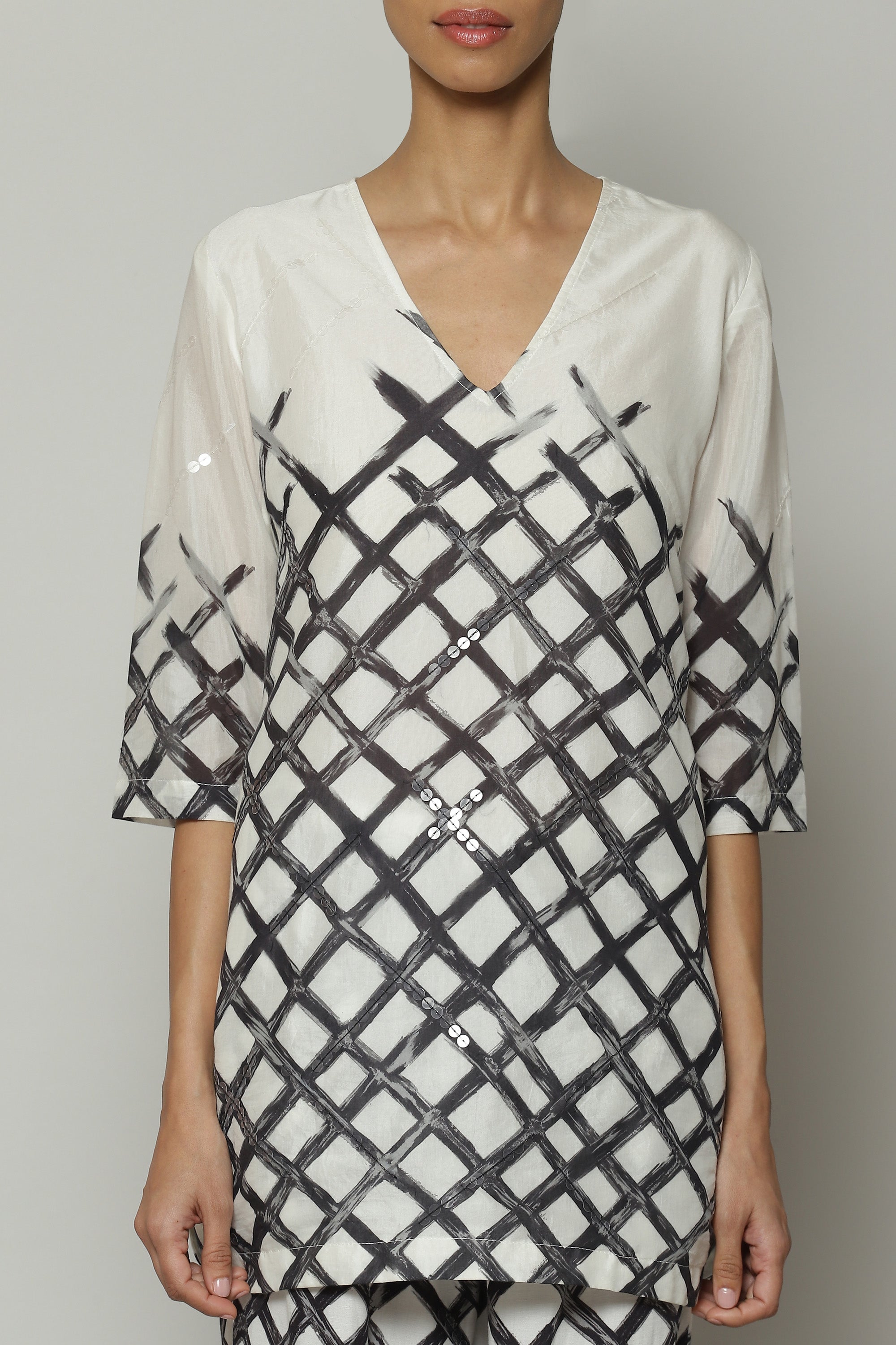 Lattice Printed Luxe Voile Tunic Ivory Black