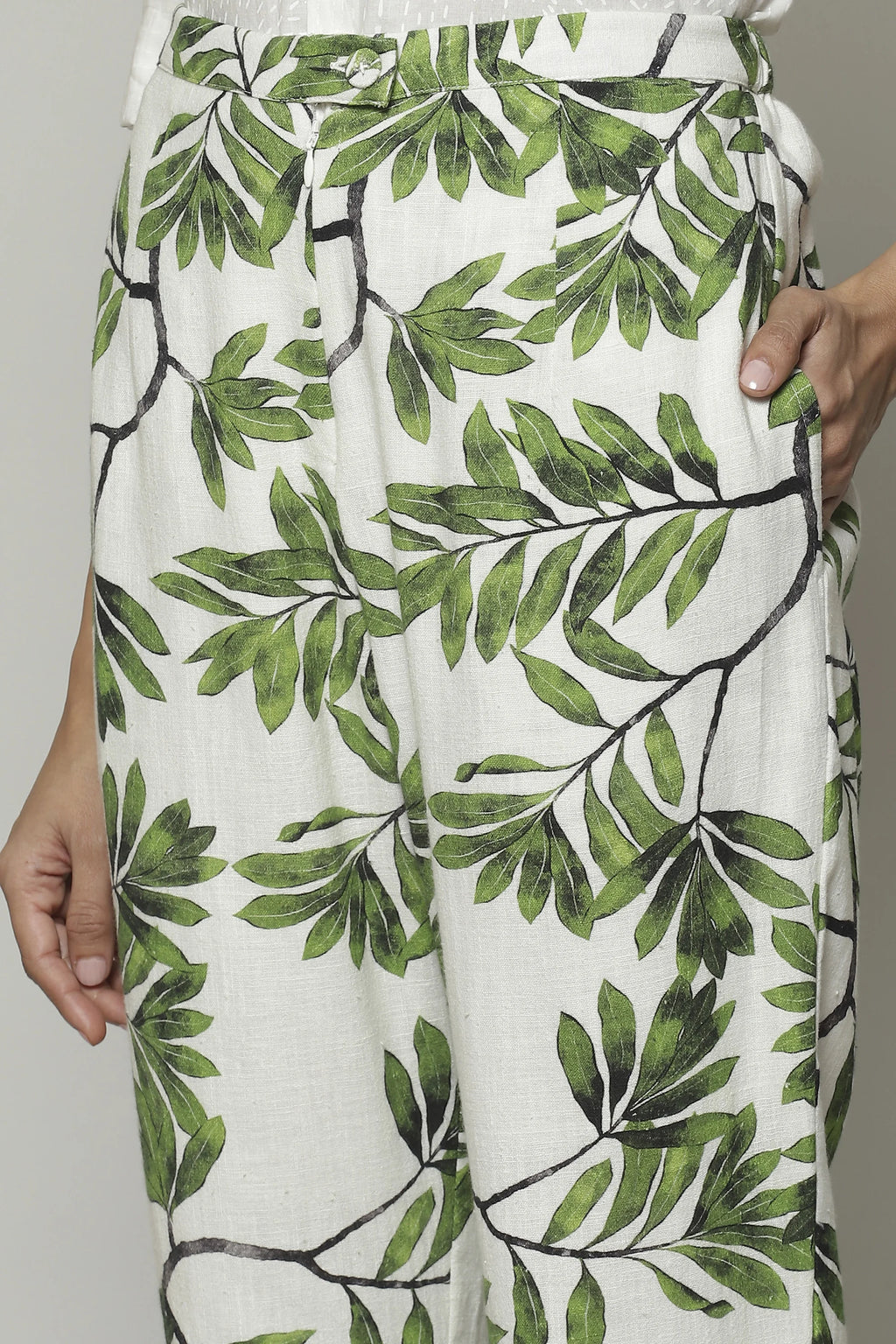 Leaf Print Handspun Handwoven Cotton Pant Ivory
