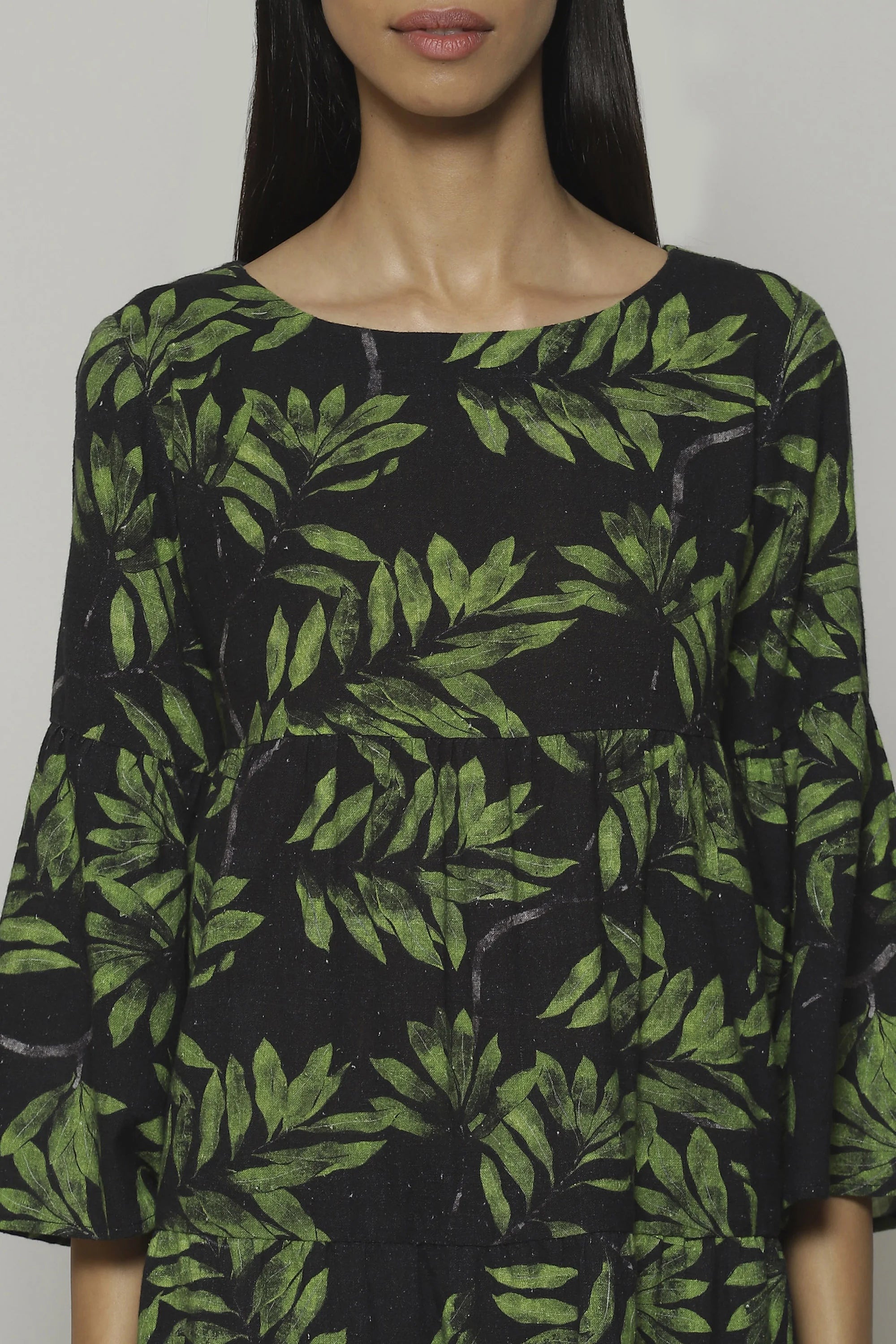 Leaf Print Handspun Handwoven Cotton Dress Black