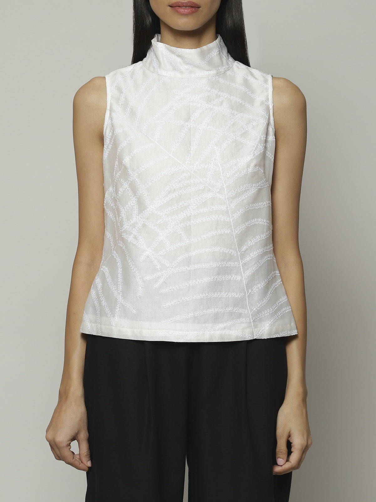 Fern Crewel Embroidered Silk X Cotton Top Ivory